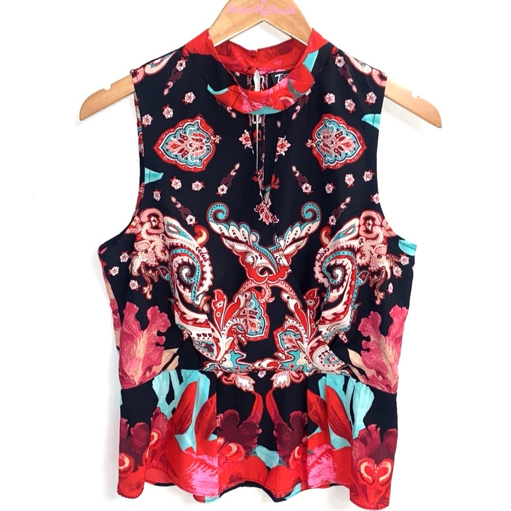 (B10) 7th Avenue Ny & Co. Cutout Printed‎ Peplum Blouse, Size Medium, NWT